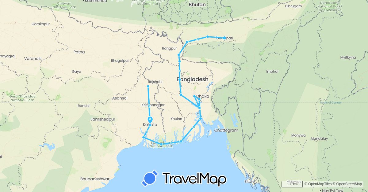 TravelMap itinerary: driving, boat in Bangladesh, India (Asia)